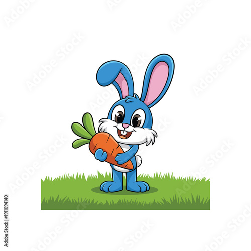 Cute White Rabbit Cartoon Character Holding a Large Orange Carrot mascot. Adorable Sitting Bunny Hugging a Giant Carrot Vector Illustration.