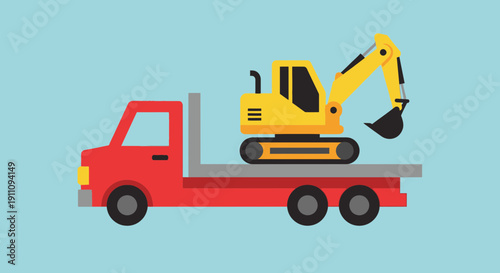 Flatbed Truck Transporting Mini Excavator Construction Machine Transportation