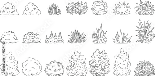 Hand drawn vector set of outline bushes, grass tufts, and garden shrubs icons isolated on white background for landscape design