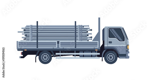 Flatbed Truck Transporting Metal Pipes Industrial Goods Delivery Logistics