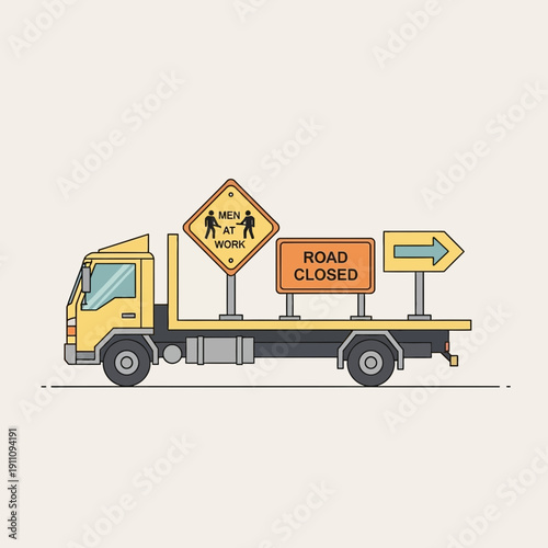 Flatbed Truck Transporting Road Work Signage Safety Equipment and Traffic Guidance