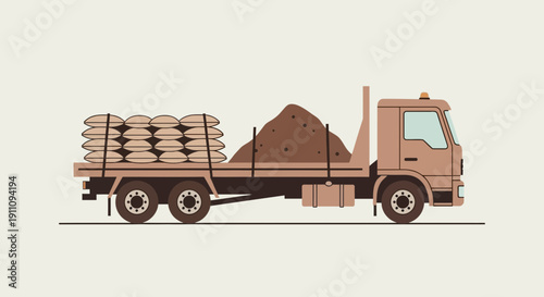 Flatbed Truck Transporting Sacks Of Material And Bulk Goods For Construction