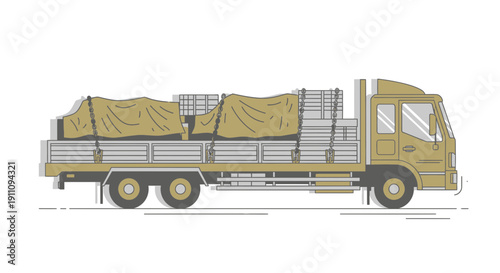 Flatbed Truck With Cargo Secured By Tarps And Chains Side View Illustration