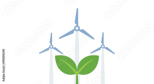 Three blue wind turbines are positioned behind a vibrant green plant sprout on a bright white background.