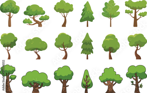 Set of hand drawn flat cartoon trees collection, organic green nature plant elements, forest landscape isolated design on white background