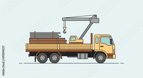 Flatbed Truck With Crane Delivering Building Materials