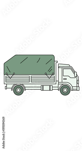 Flatbed Truck with Green Tarp Cargo Cover Transporting Goods