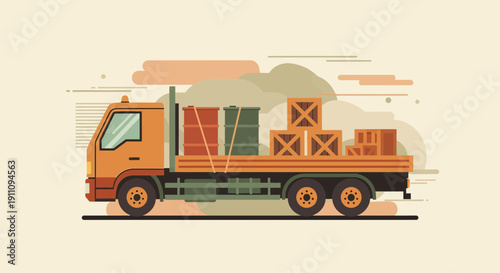 Freight Truck Hauling Cargo in Minimalist Flat Design Style