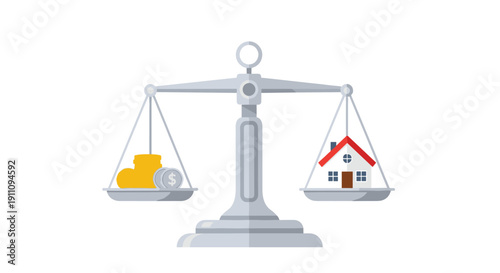 A silver weighing scale precisely balances a small house with a stack of coins on opposite pans.