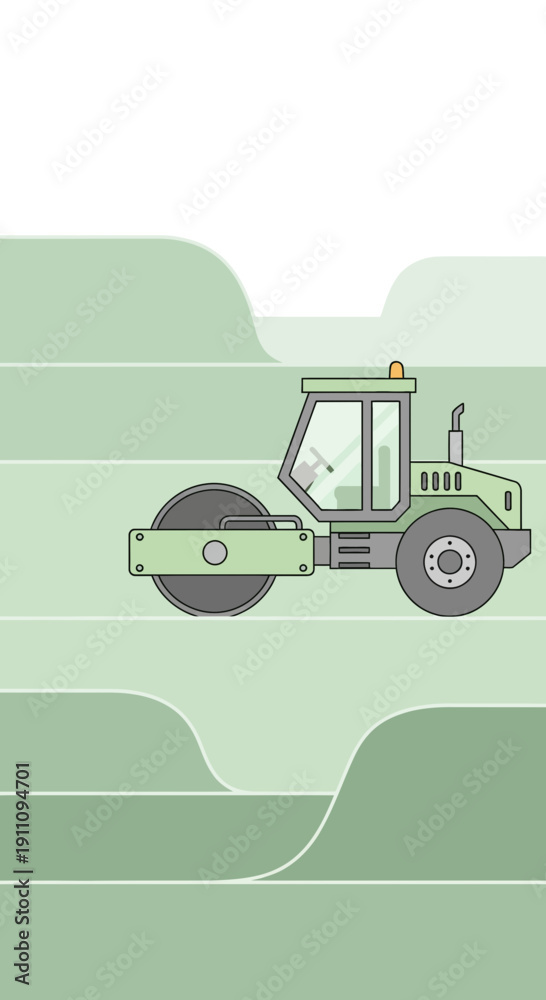 Naklejka premium Green Steamroller Operating on Smoothly Graded Earthworks Abstract Design