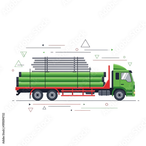 Green Truck Transporting Long Metal Pipes Across Open Roadways