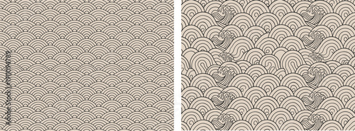 Traditional Japanese seigaiha wave pattern set, oriental sea background textures, vintage blue ocean ripples, seamless asian scale motif for decorative wallpaper