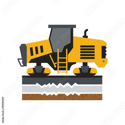 Heavy Construction Equipment Compacting Road Surface During Development