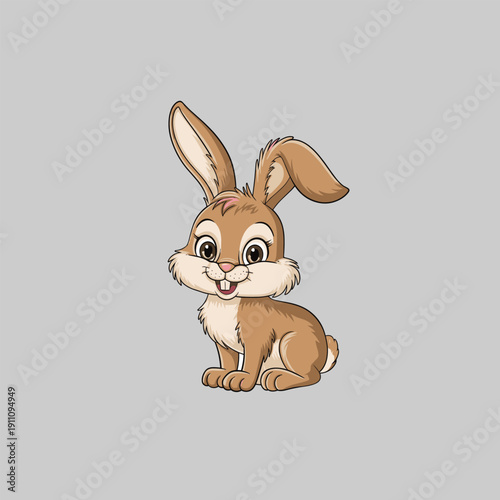 Cute Brown Cartoon Rabbit Sitting on Grey Background, Adorable Baby Bunny Vector Illustration with Big Ears.