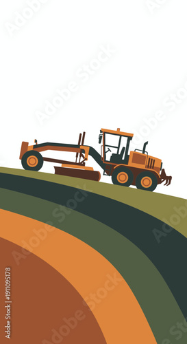 Heavy Construction Grader Machine On Rolling Hills Landscape