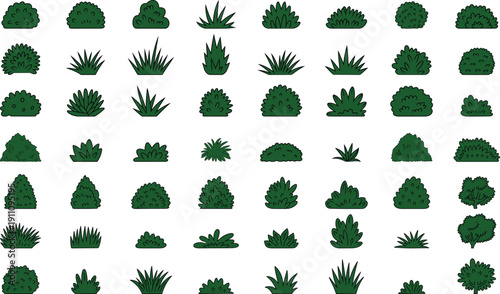 Vector set of green bushes, grass tufts, and garden shrubs icons isolated on white background for landscape design and nature illustrations
