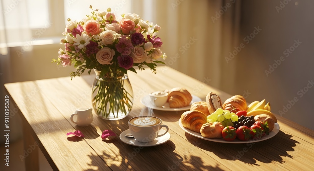 Obraz premium Breakfast Table Setting with Flowers and Fruit.