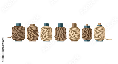 A neat horizontal row of seven spools of varying brown and beige natural fiber twine or thread on a white background.