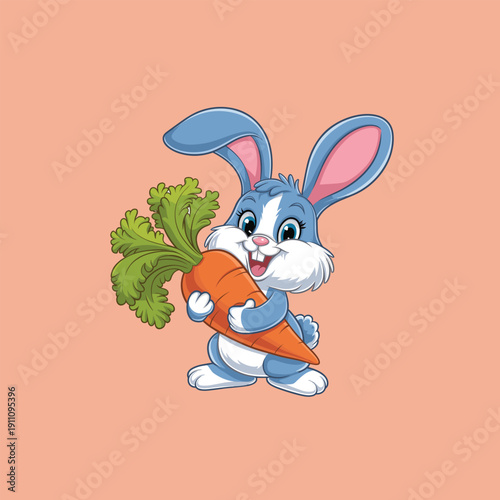 Cute White Rabbit Cartoon Character Holding a Large Orange Carrot mascot. Adorable Sitting Bunny Hugging a Giant Carrot Vector Illustration.