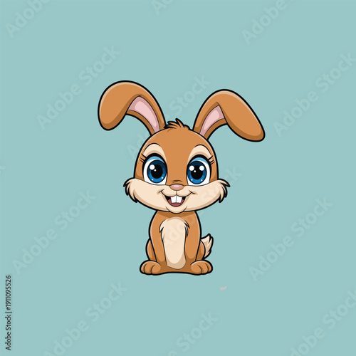 Cute Brown Cartoon Rabbit Sitting on Grey Background, Adorable Baby Bunny Vector Illustration with Big Ears.