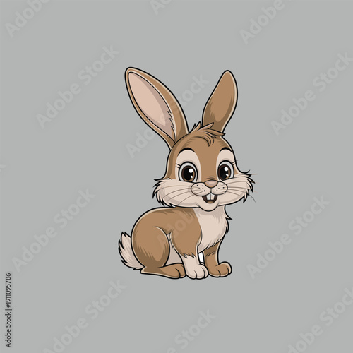Cute Brown Cartoon Rabbit Sitting on Grey Background, Adorable Baby Bunny Vector Illustration with Big Ears.