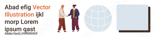 Business Networking. Business, collaboration, global communication, corporate partnerships, networking. Two people shaking hands, globe icon and presentation board. Collaboration global communication