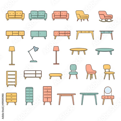 Mid-century modern furniture illustration set, flat vector interior elements