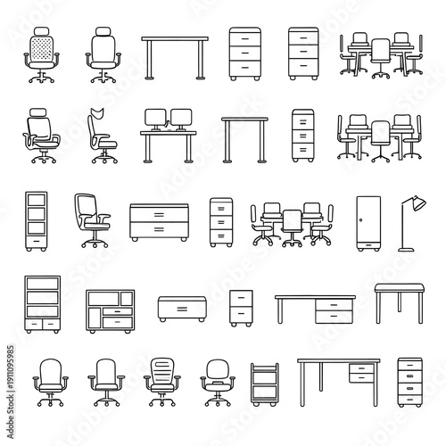 Office furniture outline icon set, workspace line icons collection