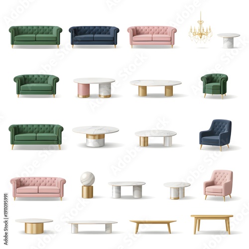 Luxury furniture set with velvet sofas and marble tables, elegant 3D illustration