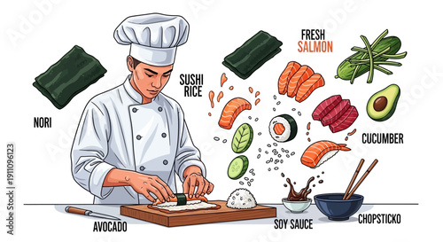 Asian chef carefully preparing traditional maki sushi rolls using fresh ingredients like salmon, avocado, and nori seaweed