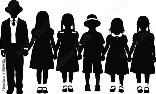 Black silhouette of a group of six children holding hands, cad drawing flat vector illustration, diverse boys and girls standing together.