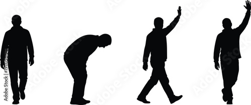 Black Silhouette Set of a Man Walking Standing Bending Over and Waving Hand Representing Daily Human Activities Casual Life and Communication Concept