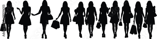 Black Silhouette Set of Fashionable Women Carrying Shopping Bags Walking and Posing Representing Retail Therapy Consumerism Fashion and Lifestyle Design