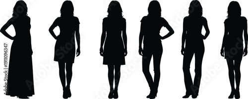Black Silhouette Set of Fashionable Women Standing in Various Stylish Poses Representing Female Beauty Elegance Modern Lifestyle and Clothing Design Concept