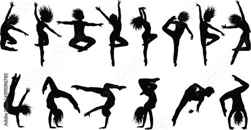 WebActive dance silhouettes set, modern jazz performers, breakdance urban street dancers, acrobatic poses, athletic movements, artistic jumping, handstands, isolated on white.