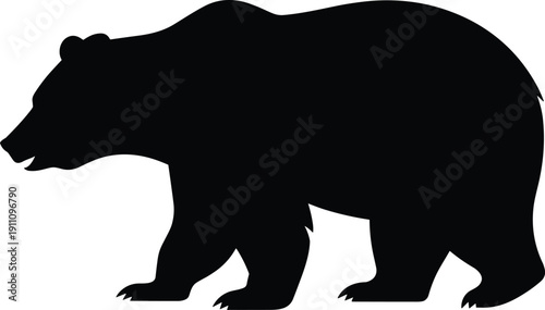Black bear silhouette vector, wild grizzly walking side view, nature mammal icon, isolated wildlife graphic design, white background, large predatory animal.