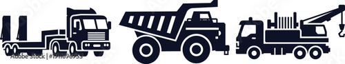Set of three construction and heavy transport vehicle silhouettes Keywords: truck, trailer, flatbed truck, dump truck, mining truck