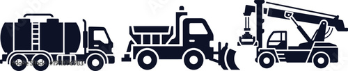 Silhouettes of industrial trucks including tanker snow plow and excavator vehicle transport