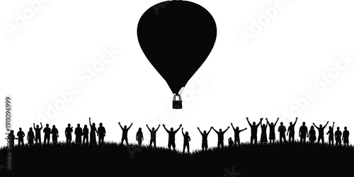 flat vector illustration of large crowd silhouette standing on grass field watching giant hot air balloon in the sky.