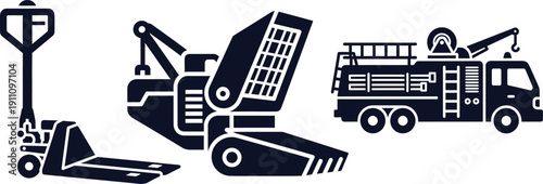 Industrial Equipment Silhouettes Including Pallet Jack Excavator Bucket and Fire Truck hand truck