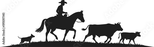 Black silhouette of a cowboy riding a horse herding cattle with a farm dog on a field, ranch life vector.