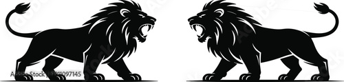Majestic lion silhouette illustration, roaring wild animal artwork, powerful jungle predator design, symmetrical wildlife drawing, strength and confrontation concept, artistic style
