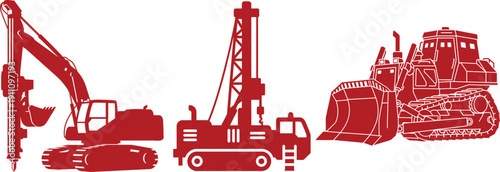 Red silhouette icons of excavator, drilling rig, and bulldozer on white background construction