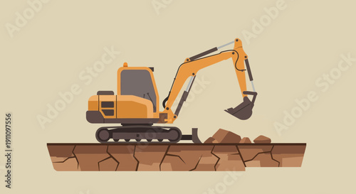Heavy Duty Excavator Digging Earth in Flat Design Style