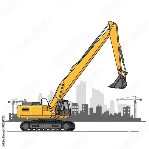 Heavy Duty Excavator Machine Building Cityscape Construction Industry Development Project