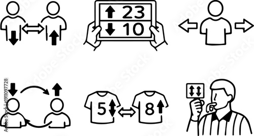 Line icons showing player substitutions in games. Vector
