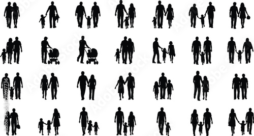 Large set of black silhouettes featuring families with children walking, holding hands, and pushing strollers in various joyful life situations