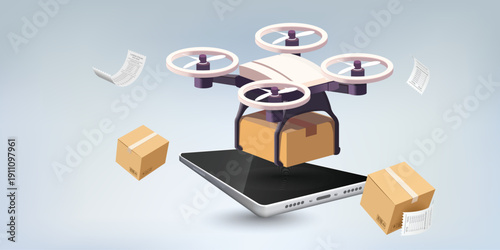 Isometric drone delivery service concept with parcel box and smartphone mobile application, autonomous air shipping technology for e-commerce logistics, package tracking and last mile transportation