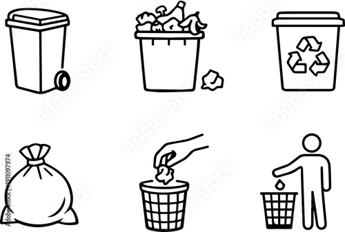 Clean outline icons for garbage, bins and recycling.
