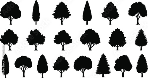 Collection of various black tree silhouettes including pine, oak and cypress, isolated vector illustrations for nature landscape design.